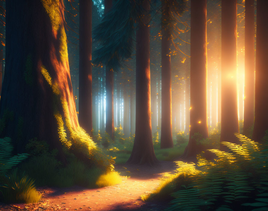 Mystical forest with towering trees and sunlit pathway