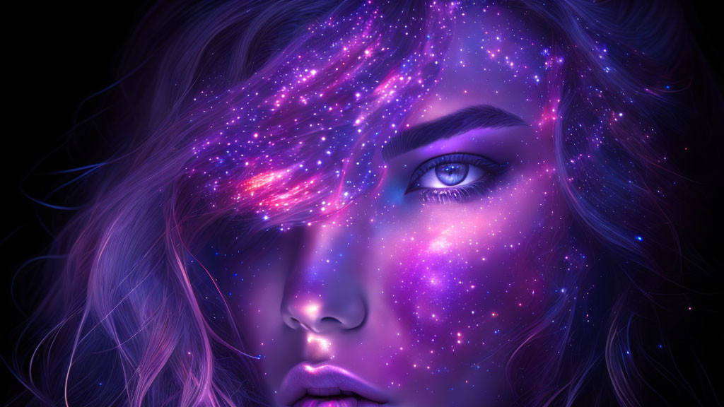 Surreal portrait of a woman with galaxy-themed complexion