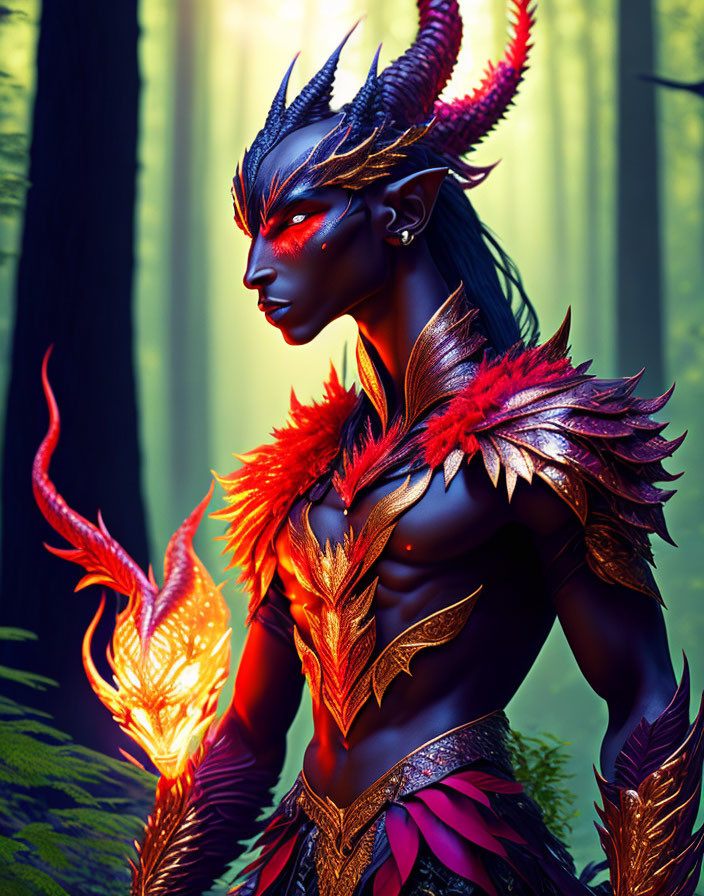 Fantasy illustration of a character with red and black skin in gold armor, surrounded by fiery feathers in