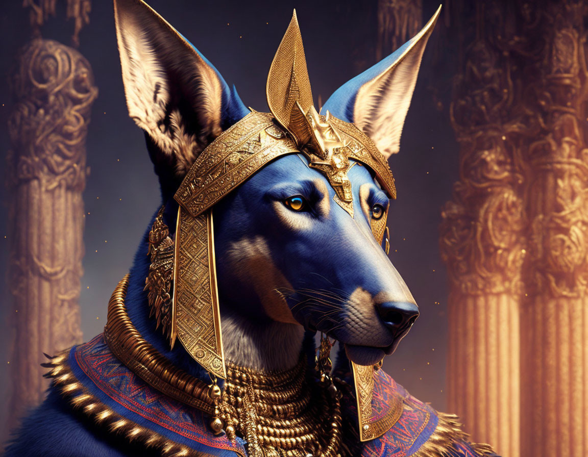 Blue-Furred Canine Styled as Egyptian Deity with Golden Headdress