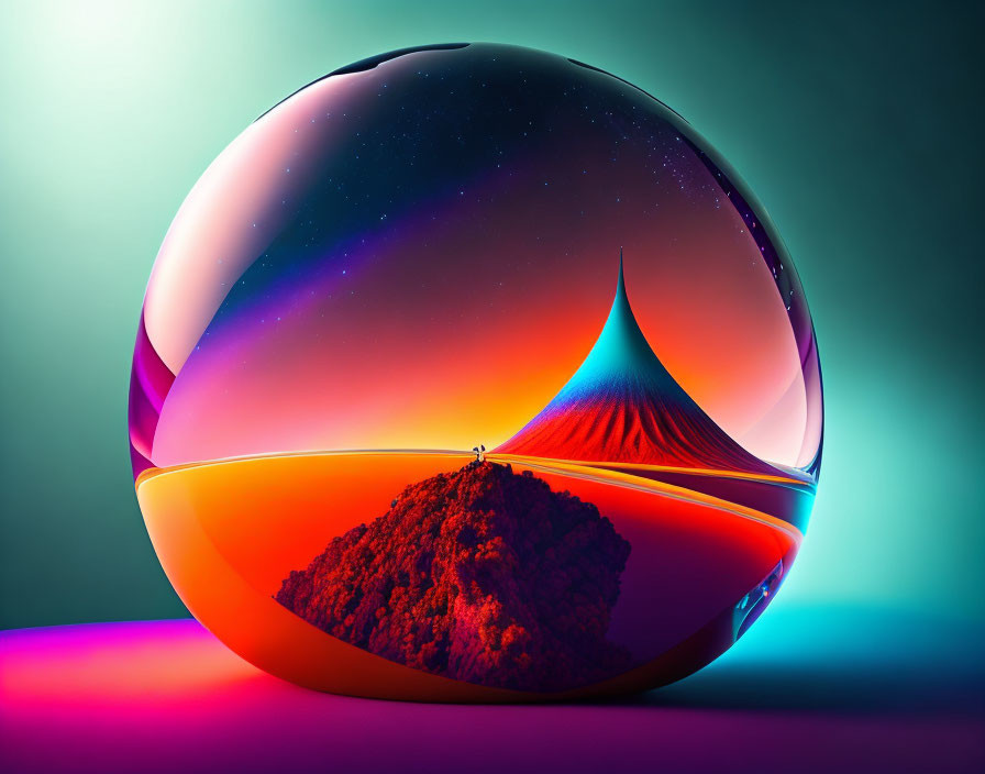 Colorful digital artwork: Glass sphere with surreal landscape, volcano, starry sky gradient.