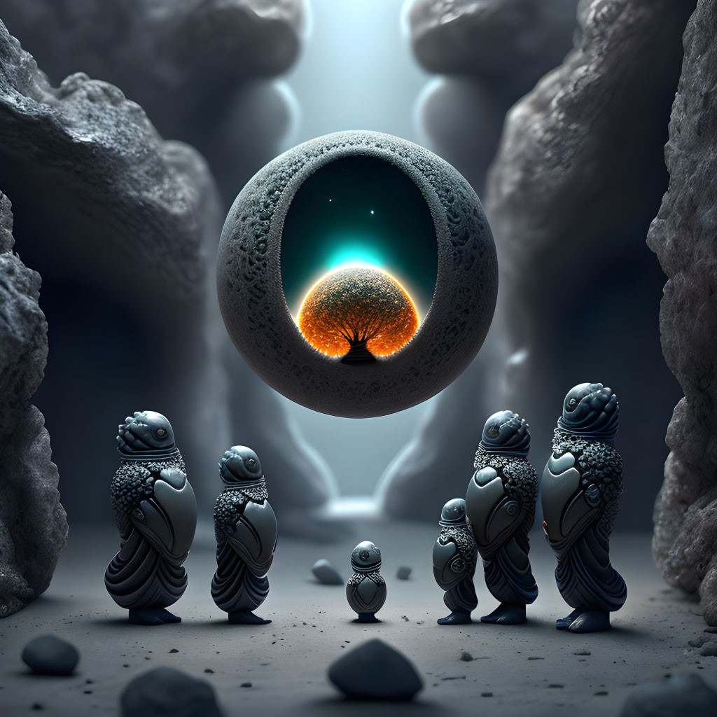 Surreal Landscape with Sculpted Figures and Glowing Orb