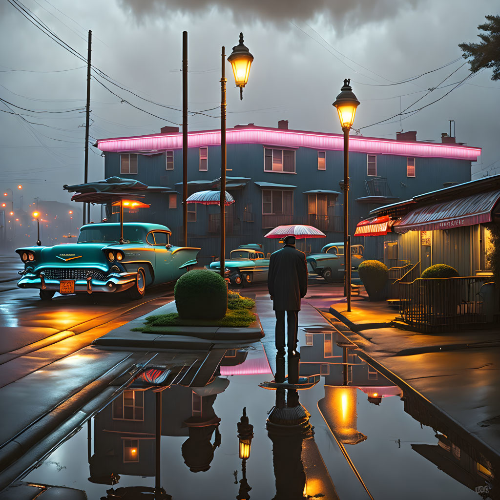 Person with umbrella on wet street at dusk with vintage cars and neon-lit diners.