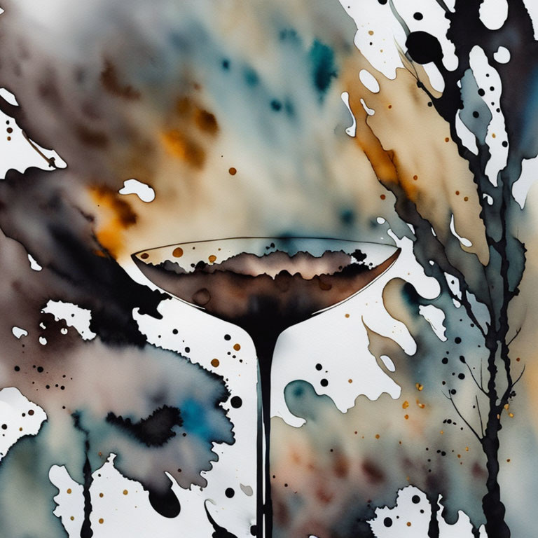 Abstract Watercolor Painting of Wine Glass with Brown, Blue, and Black Fluid Patterns