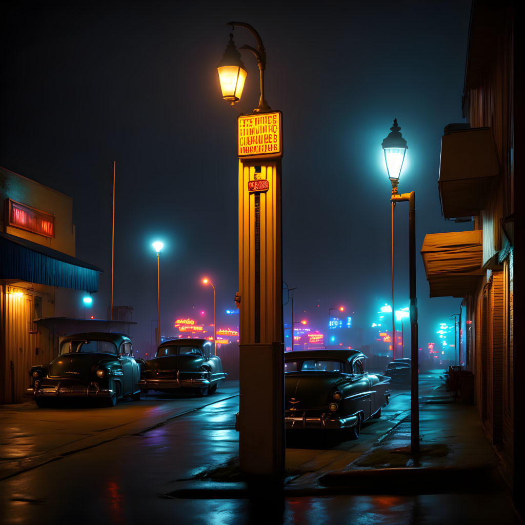 Vintage cars, neon signs, and lamp posts in a nighttime street scene