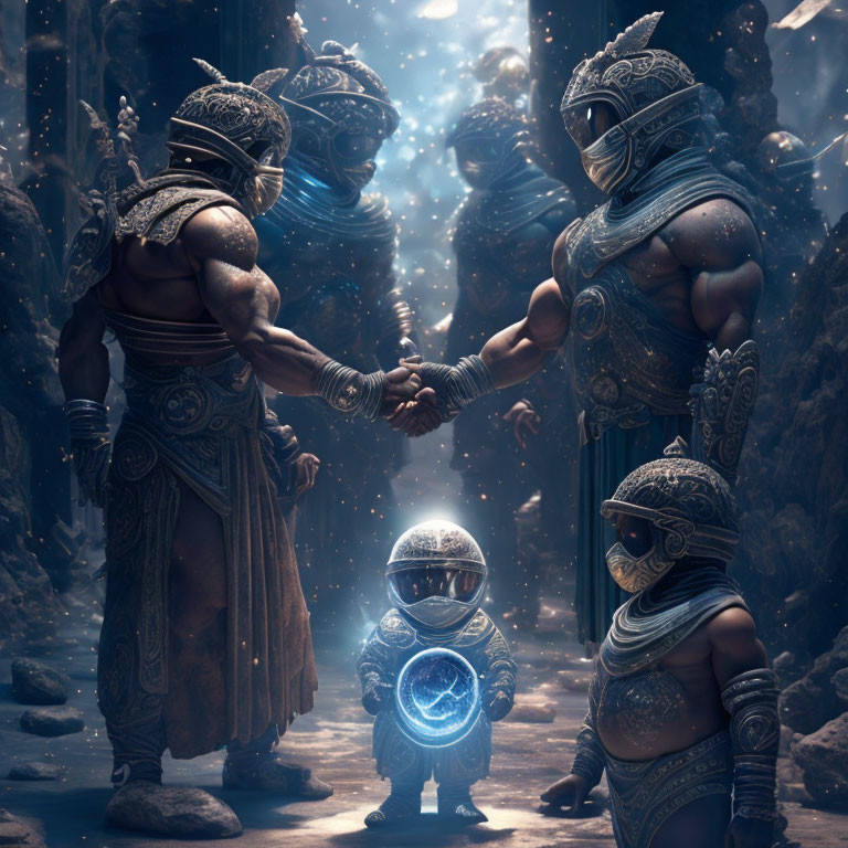 Armored warriors handshake in mystical forest with child in astronaut suit