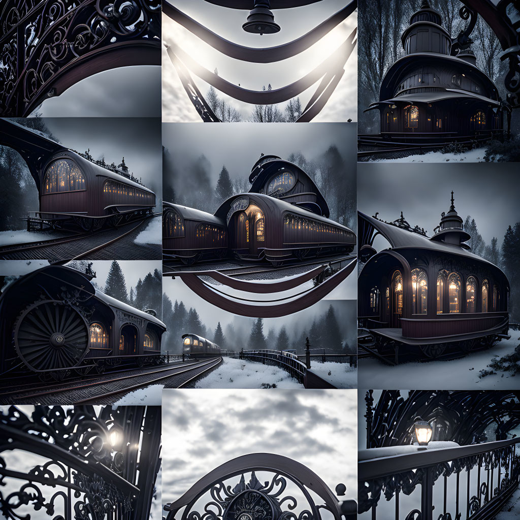 Vintage Train Collage in Snowy Victorian Setting