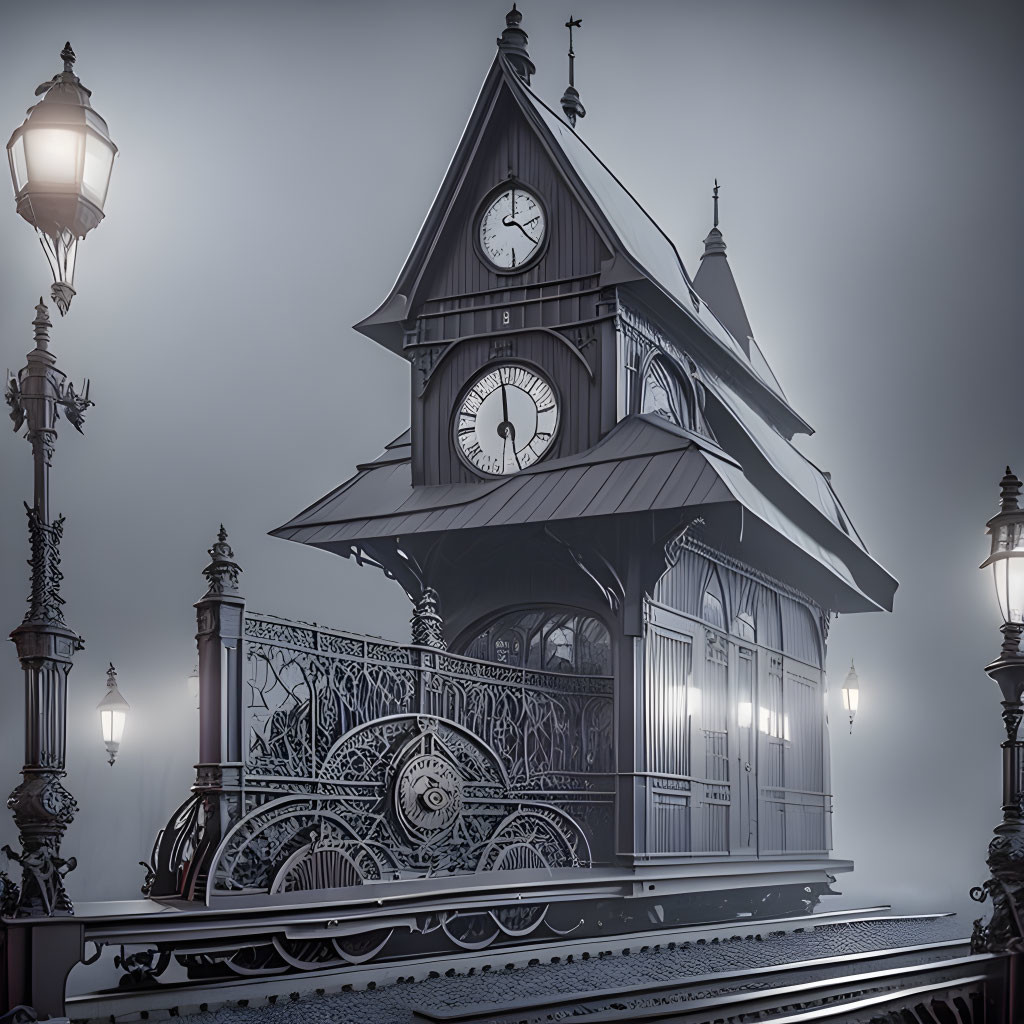 Vintage Train Platform with Clock Tower in Misty Monochromatic Tones