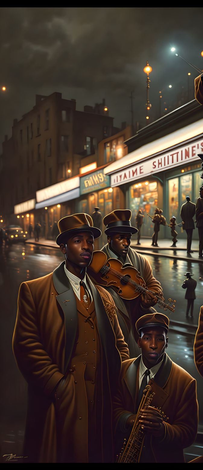 Vintage Attire Men on Rainy Street at Dusk with Saxophone