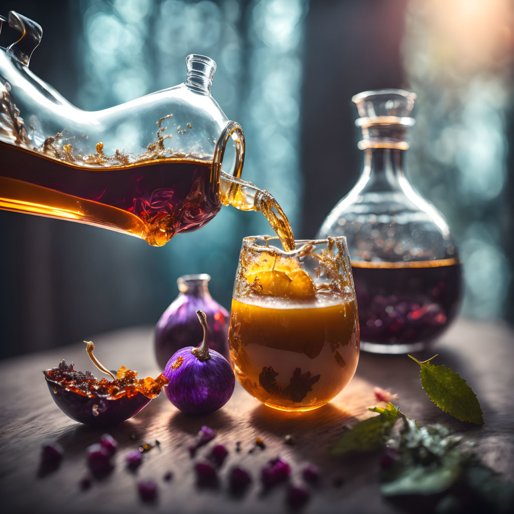 Clear teapot pours golden beverage over ice with botanicals in warm setting