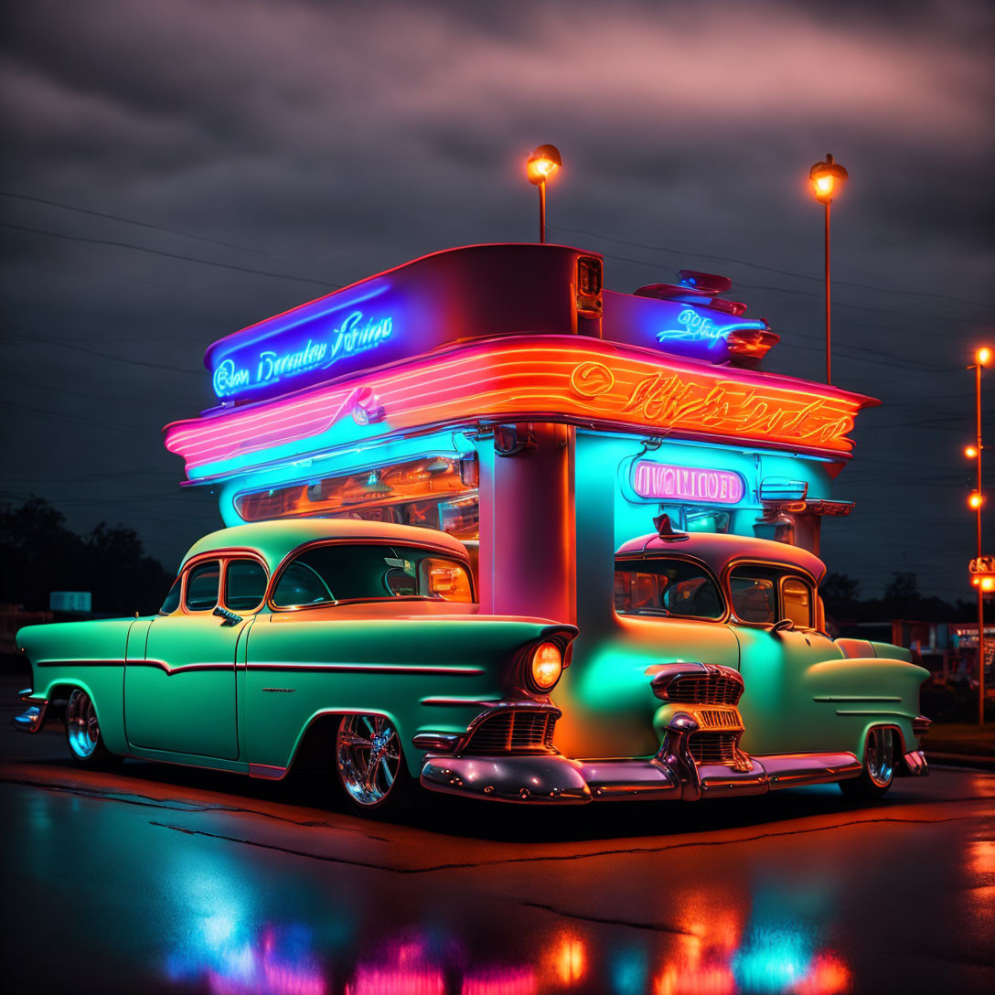 Vintage Car Parked Outside Neon-Lit Retro Diner at Twilight