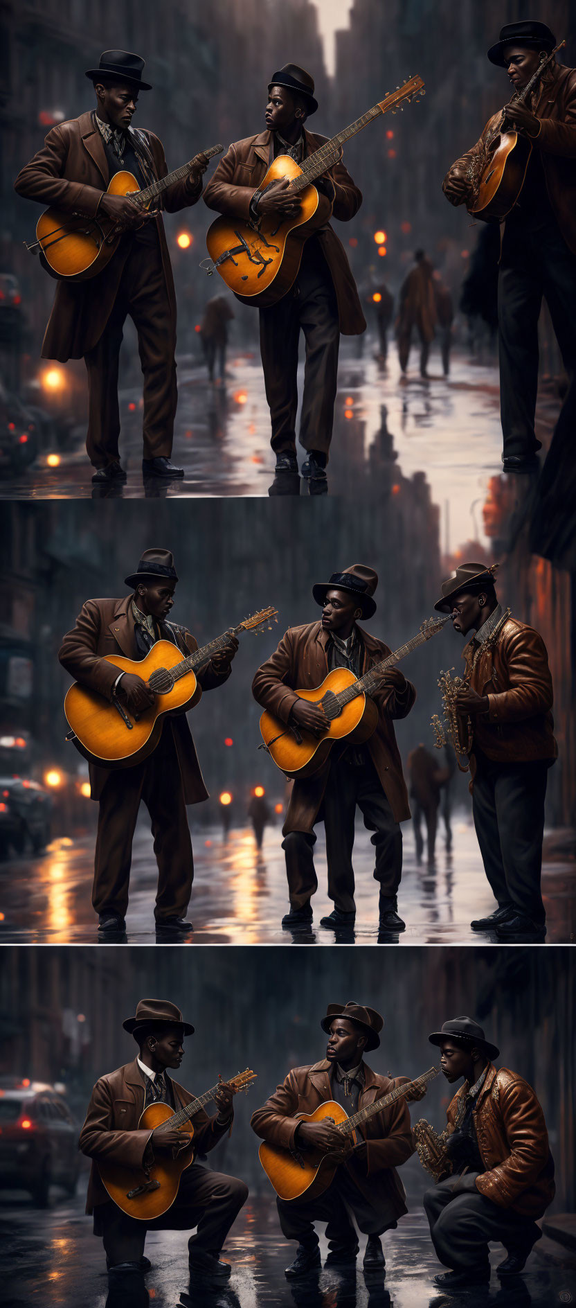 Street musicians playing guitars and trumpet in rainy urban scene