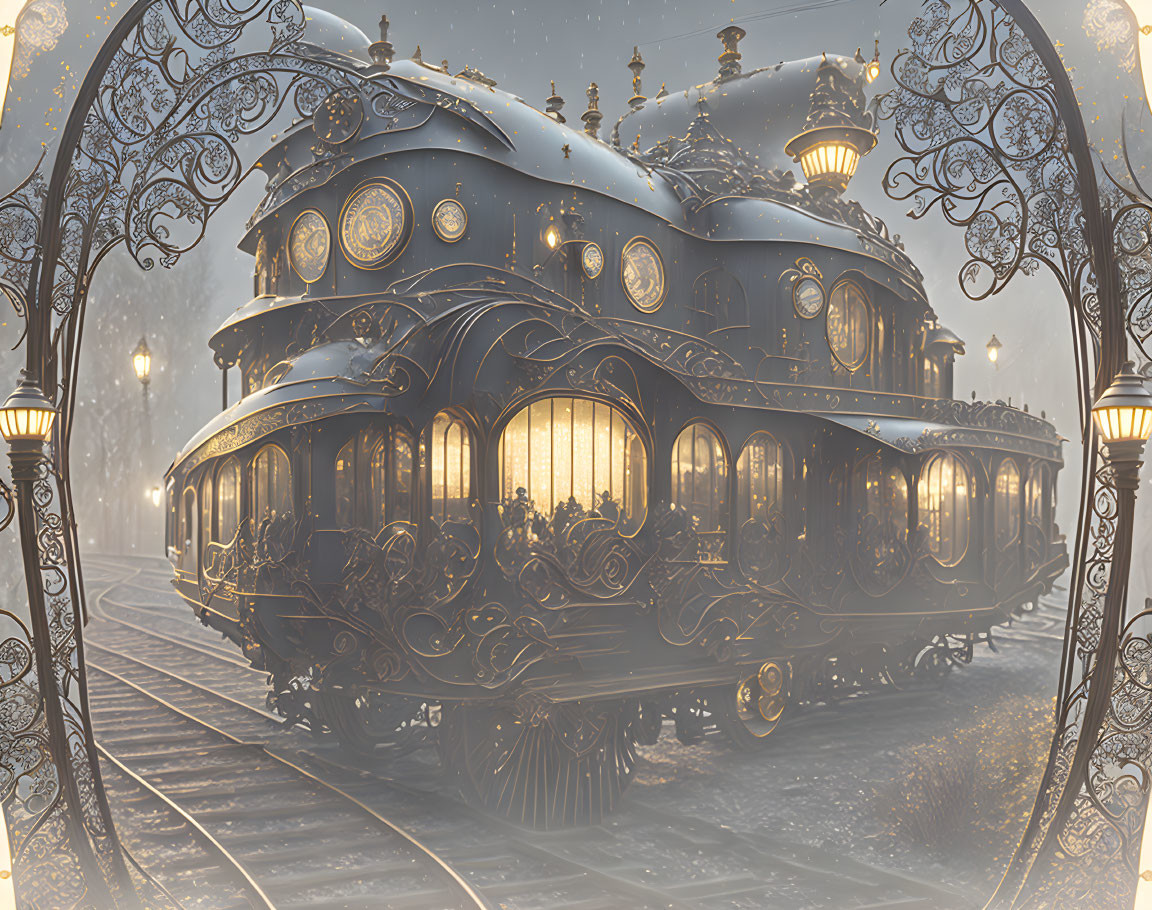 Vintage train at misty twilight station with glowing windows, wrought iron gates, and streetlamps