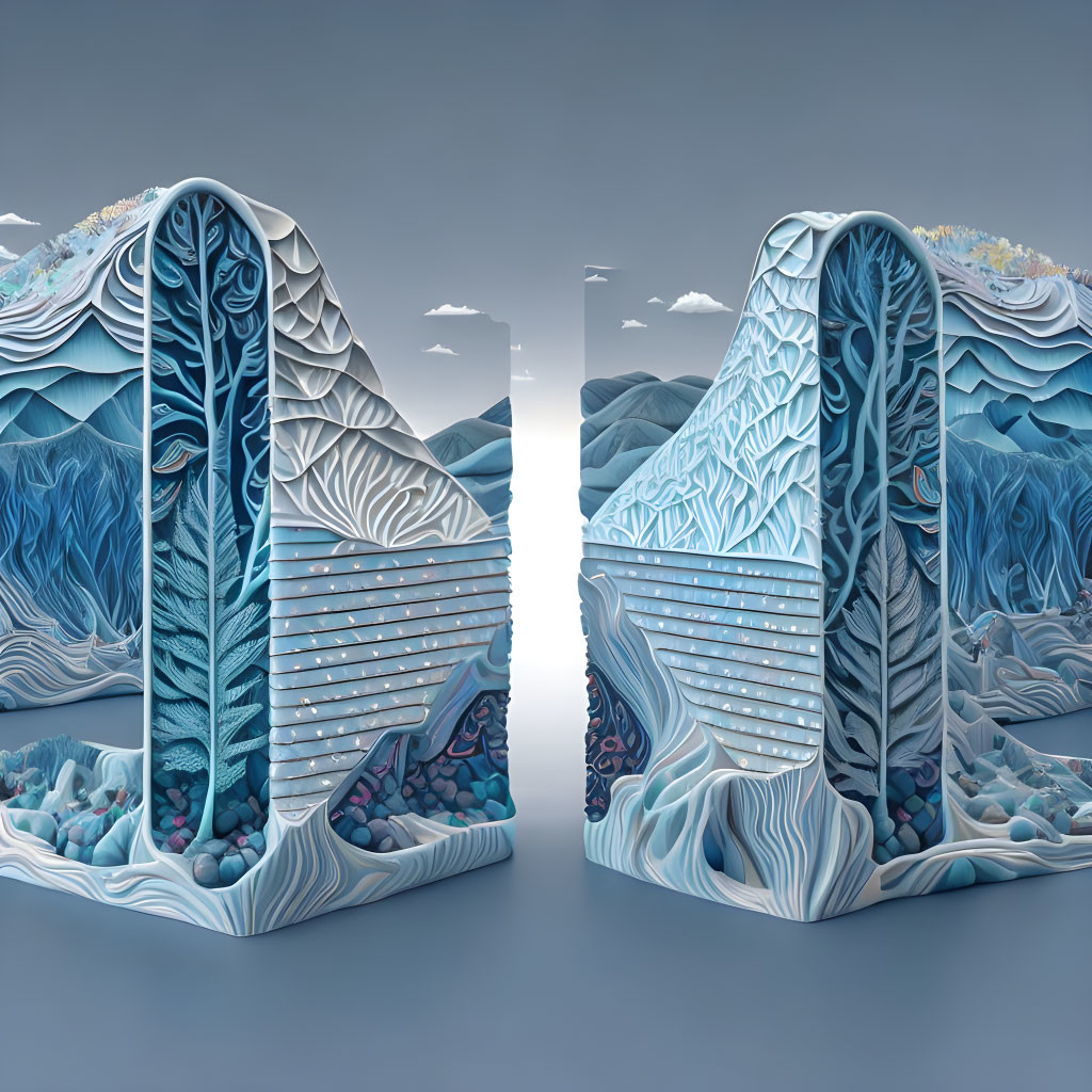 Surreal 3D artwork of book-like structures with ocean patterns