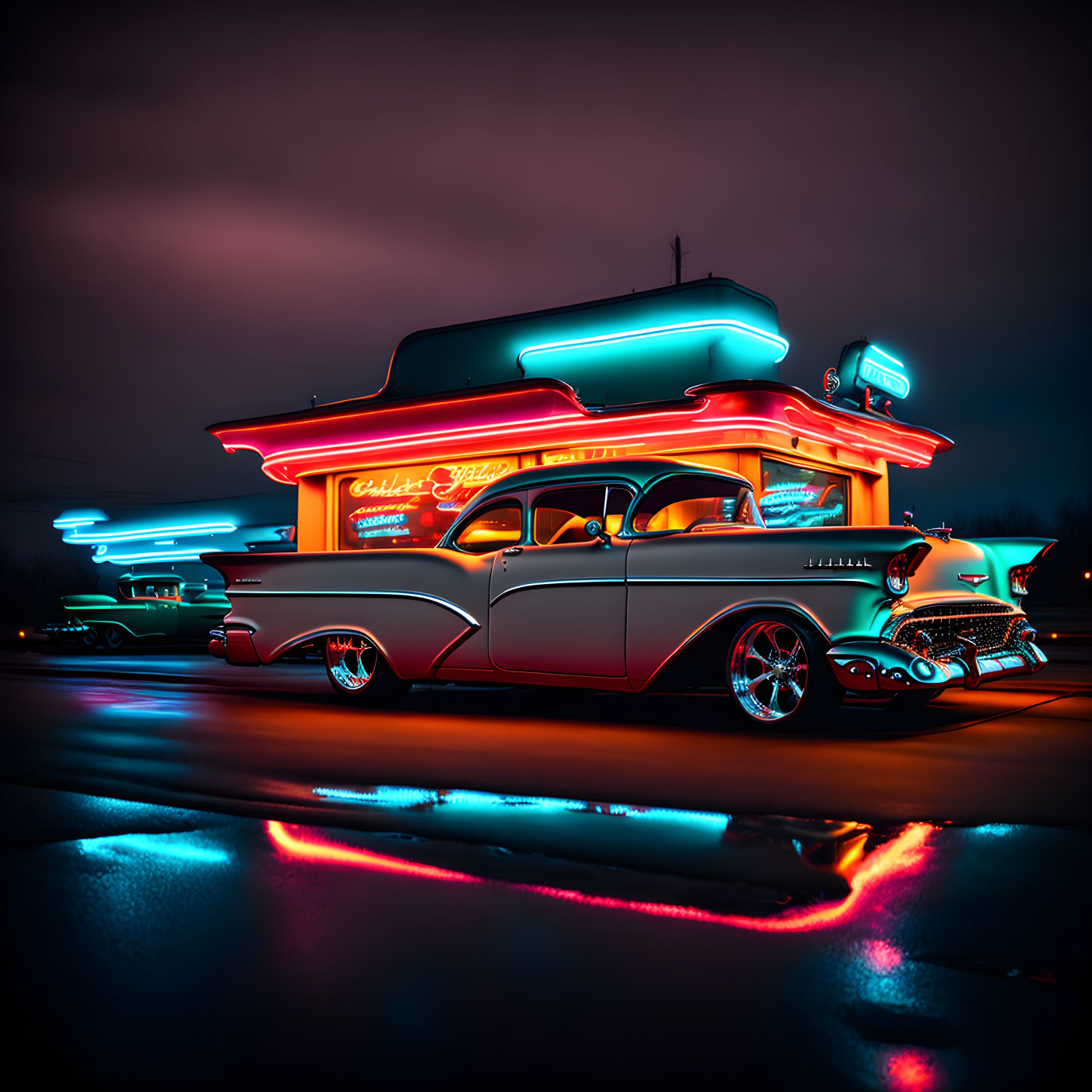 Vintage car parked outside neon-lit retro diner at twilight