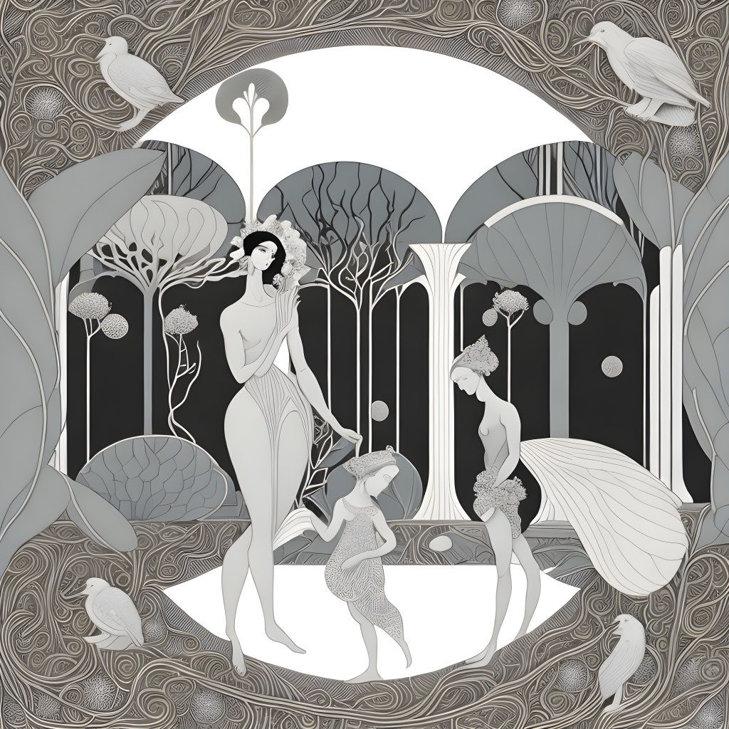 Monochrome Art Nouveau-style forest illustration with women, birds, and crescent moon