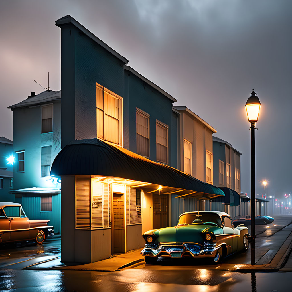 Vintage car parked in front of blue building on foggy evening