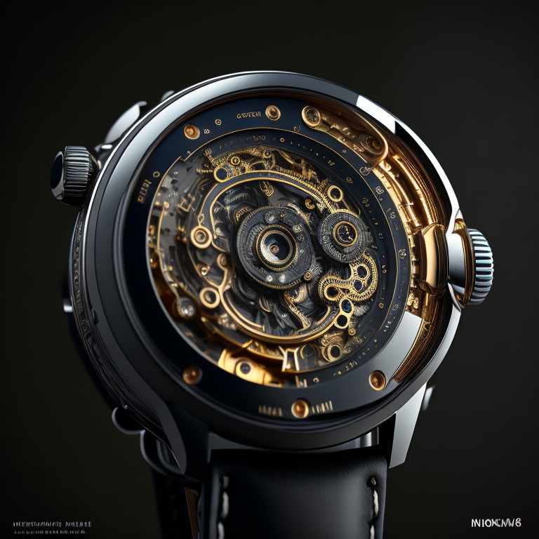 Exquisite mechanical watch with golden gears on dark backdrop