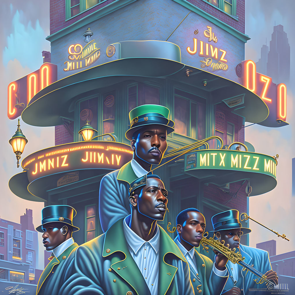 Illustration of stylish men in suits and hats with saxophone against neon cityscape