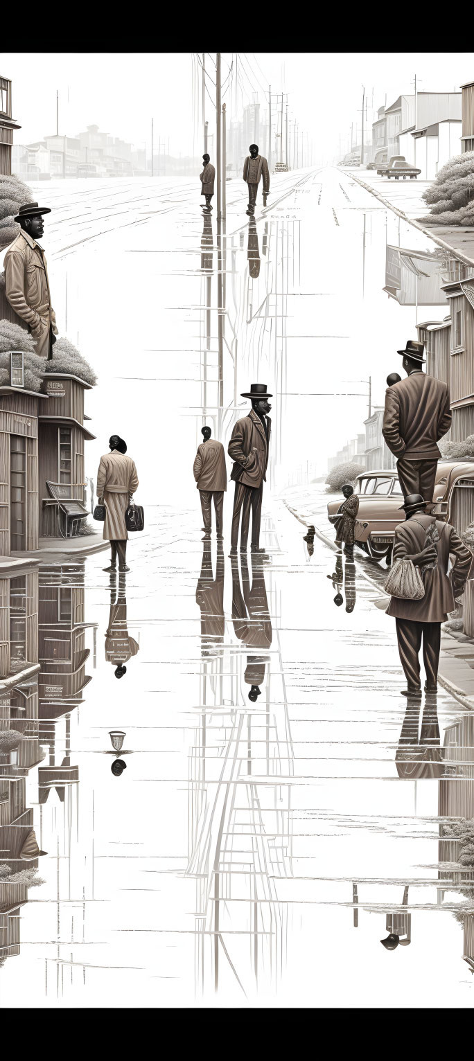 Surreal monochromatic artwork of people walking on ground and mirrored sky, combining urban scenery with