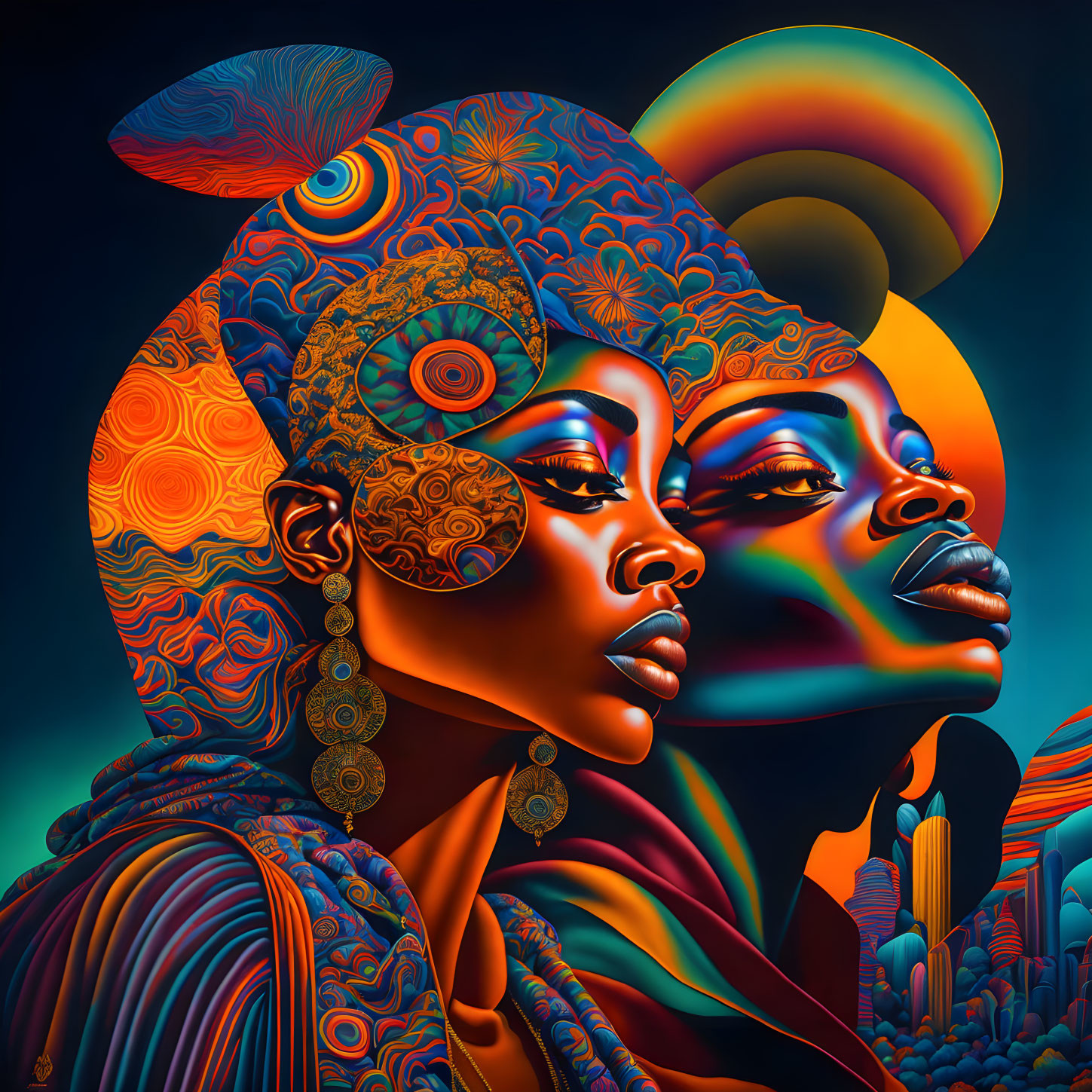 Vibrant digital art: stylized African women with intricate head wraps on dark backdrop