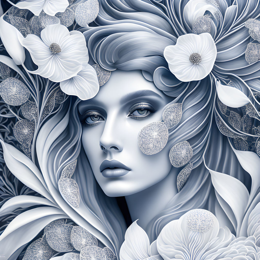 Monochromatic artwork of woman's face with intricate floral patterns