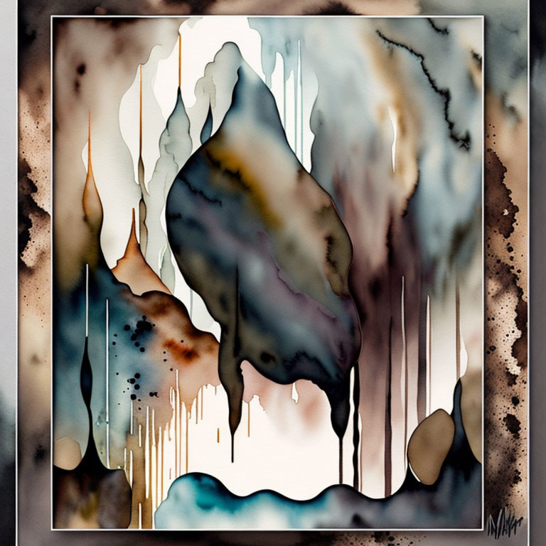 Abstract Earth-Tone Watercolor Painting with Smudges and Drips