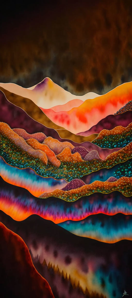 Colorful Abstract Painting: Layered Hills/Waves in Warm-Cool Gradient