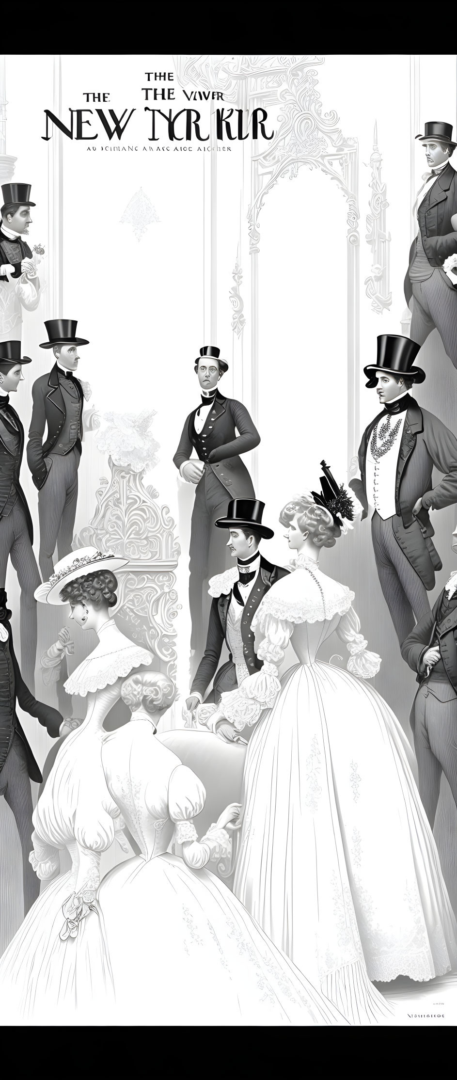 Victorian-era people in black and white illustration