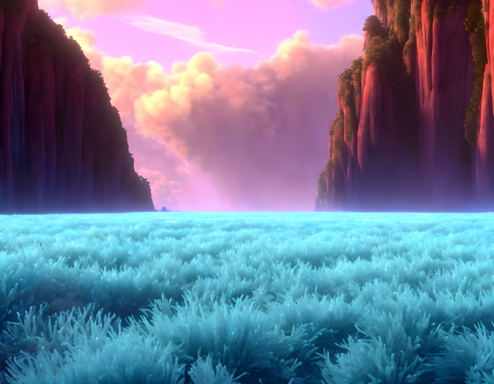 Vibrant digital landscape with towering cliffs and pink sky