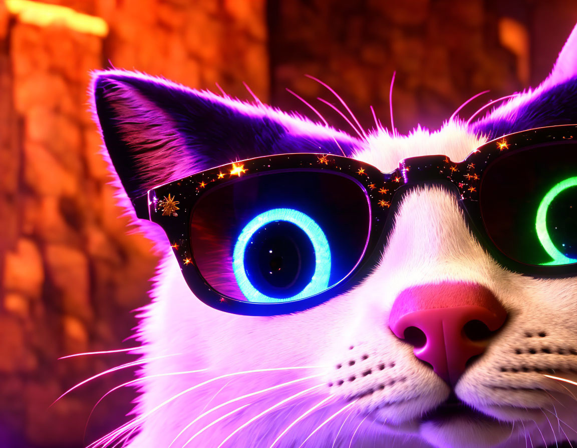 Stylized neon pink cat with star-patterned sunglasses on warm background