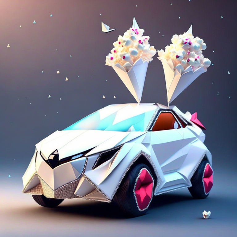 White Polygonal Car with Pink Wheels and Flower Bouquets on Gray Background