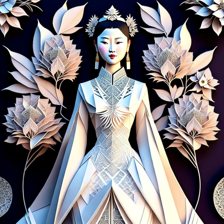 Digital artwork of woman in white garment with geometric patterns on dark background.