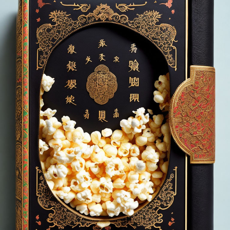 Elaborate Gold and Black Book-Shaped Popcorn Container