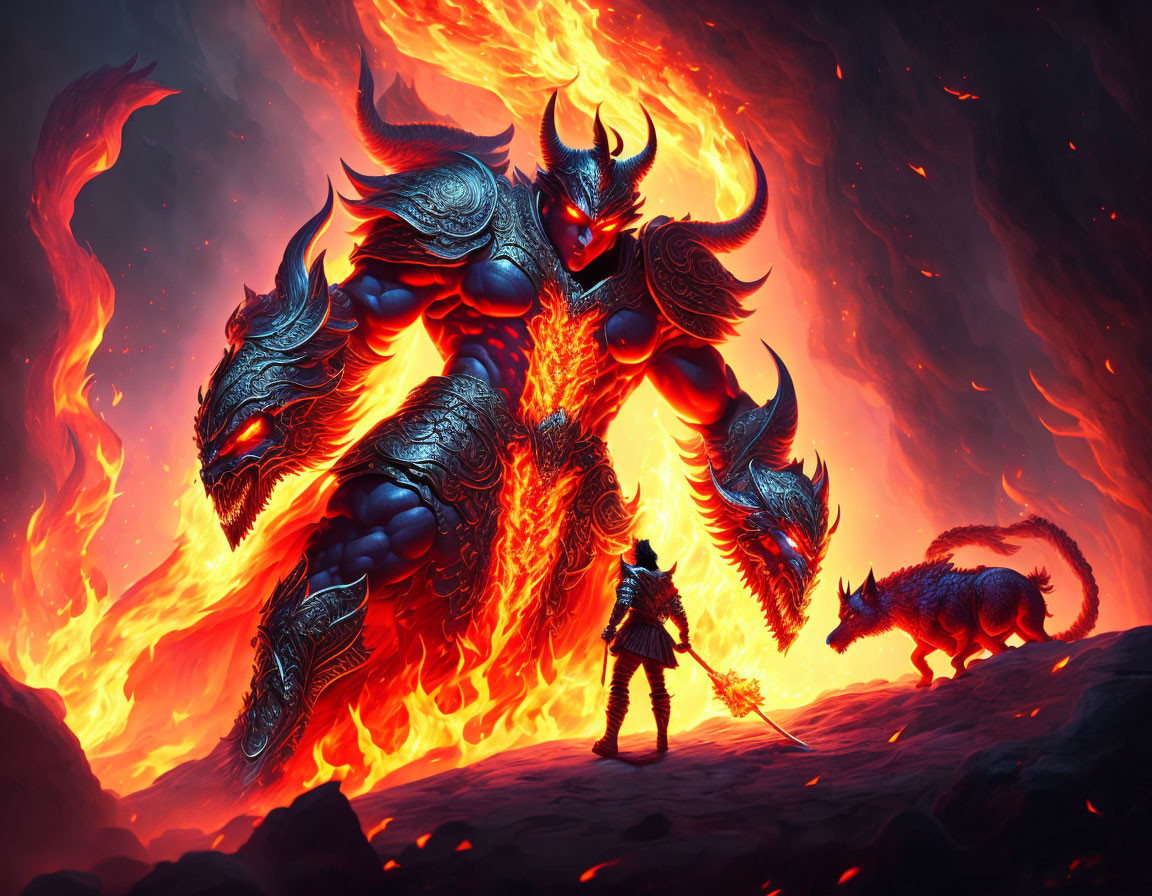 Warrior confronts multi-headed dragon in volcanic setting