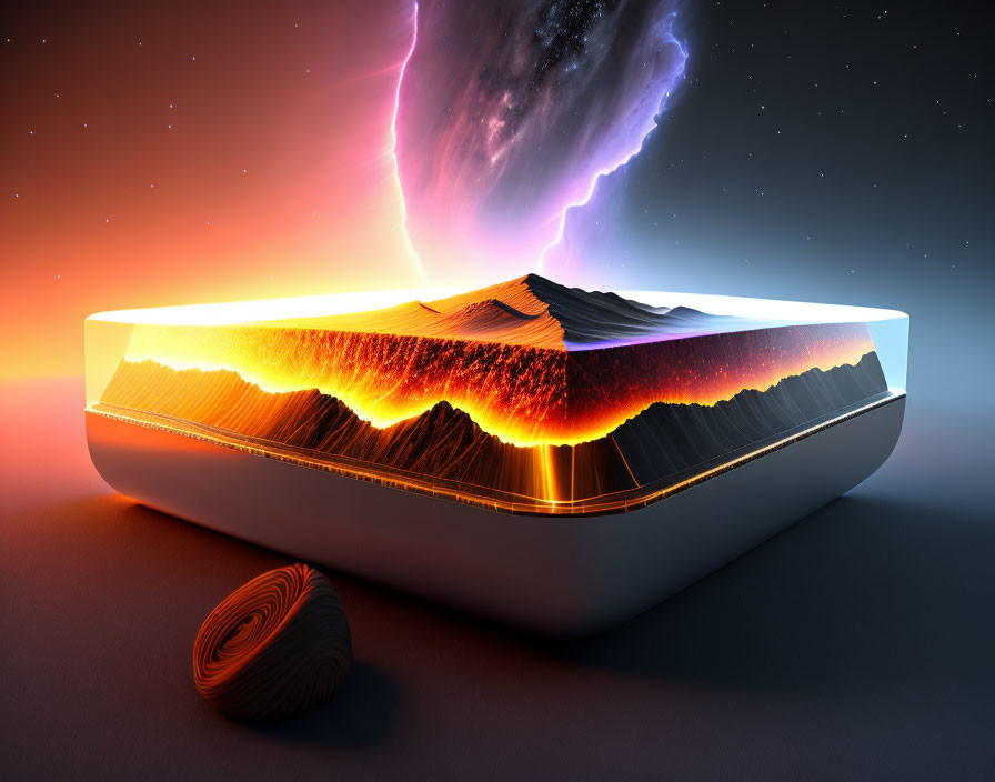 Surreal cutaway view of volcanic landscape in futuristic display under starry sky.