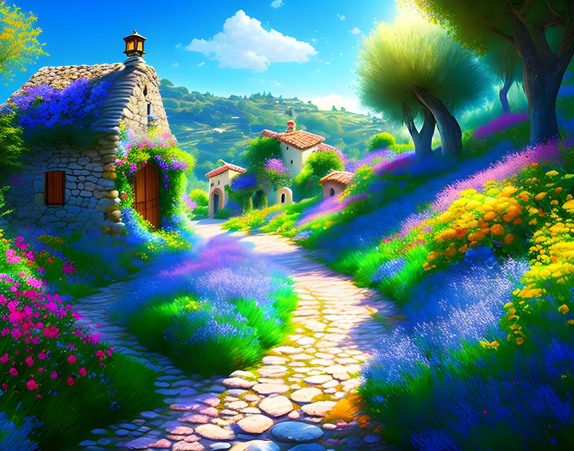 Colorful Village Scene: Stone Houses, Cobblestone Path, Lush Flowers