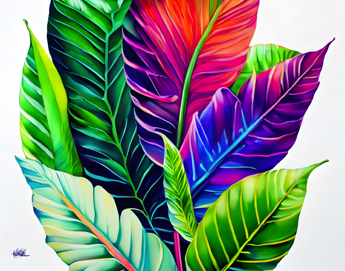 Colorful Tropical Leaves Artwork on White Background