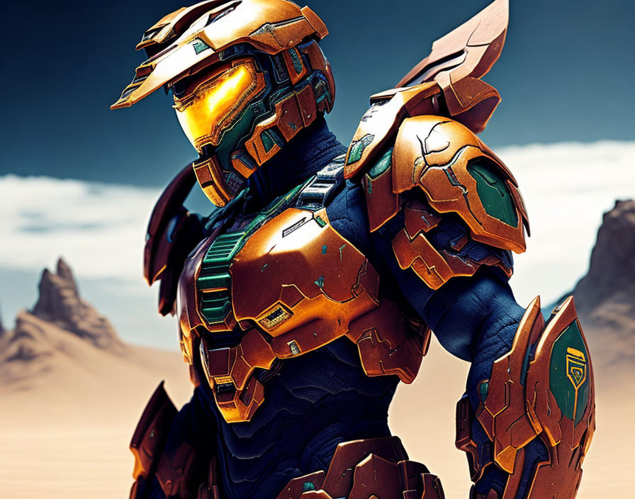 Futuristic armored figure in desert landscape with gold accents