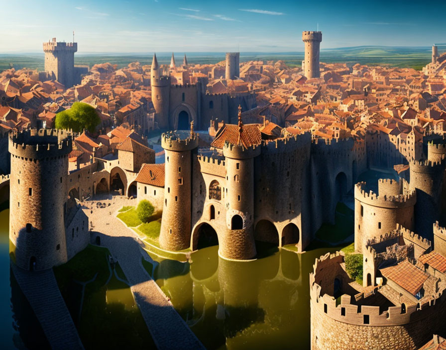 Medieval castle with towers, moat, and lush landscape