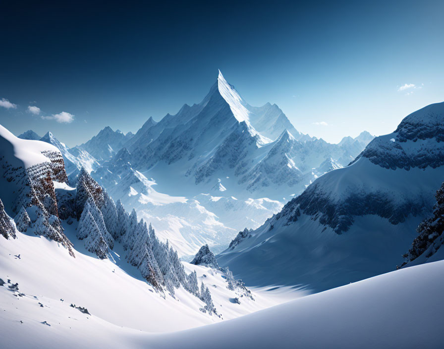 Majestic snow-covered mountain peaks under clear blue sky