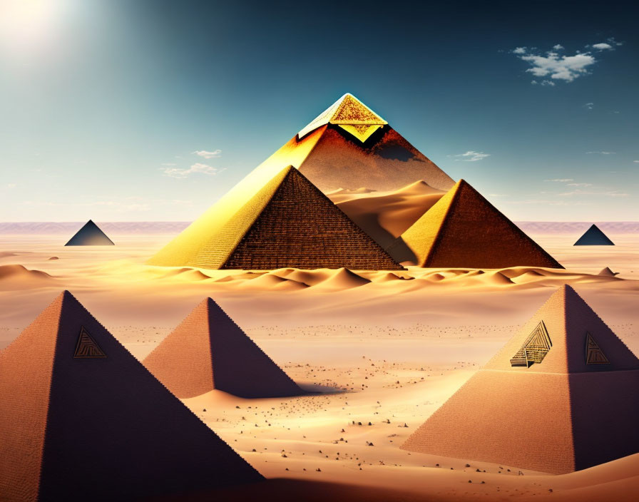 Surreal pyramids in desert landscape with exposed geometric core