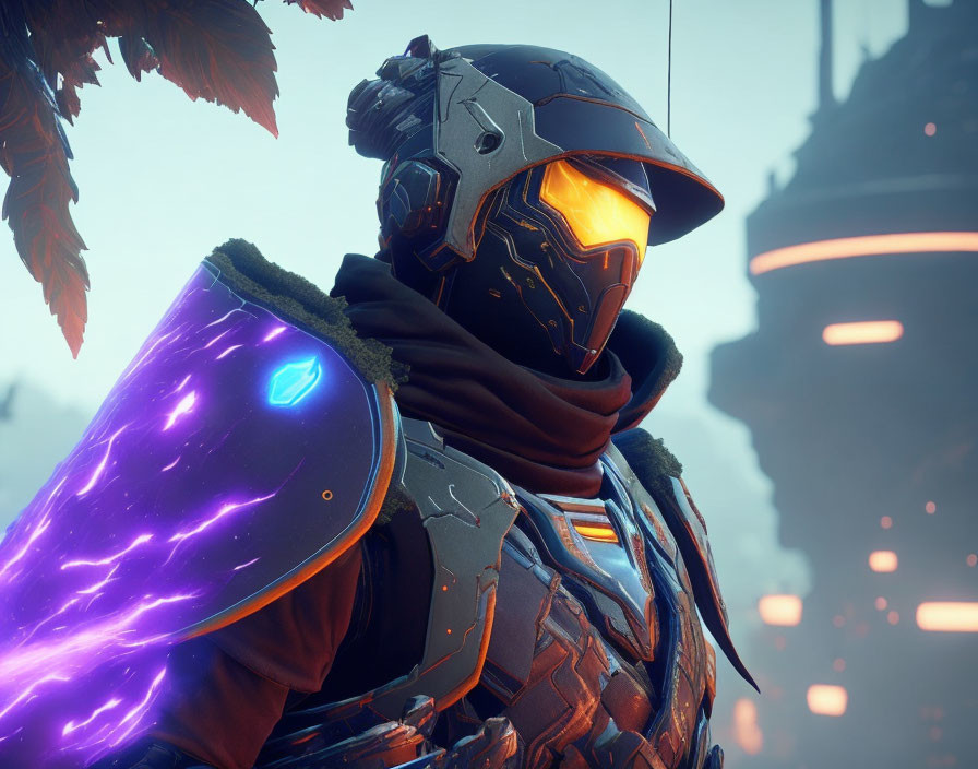 Sci-fi armored soldier with orange visor and purple shield in futuristic setting.