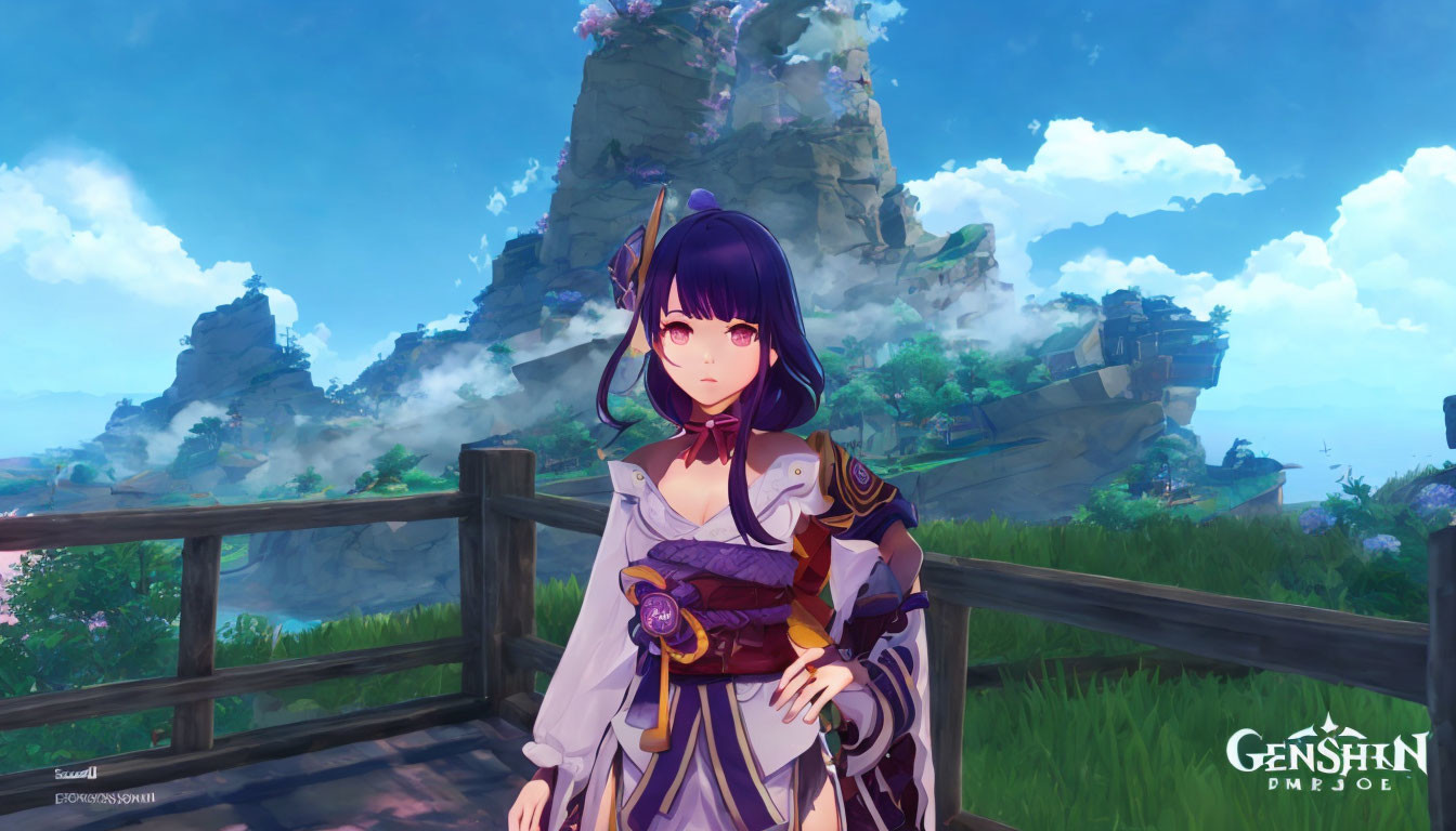 Purple-haired anime character in traditional attire in lush fantasy landscape