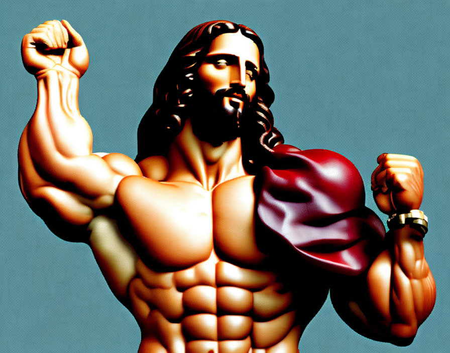 Muscular Jesus-like figure flexing arms on teal background