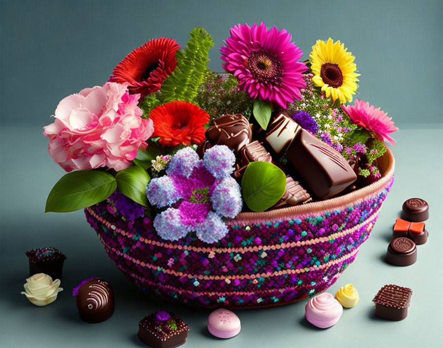 Vibrant flower bouquet and chocolates in wicker basket on teal background