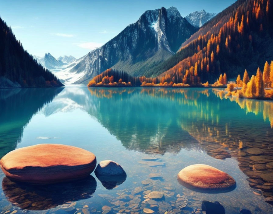 Autumn Lake Scene with Snow-Capped Mountains and Golden Trees