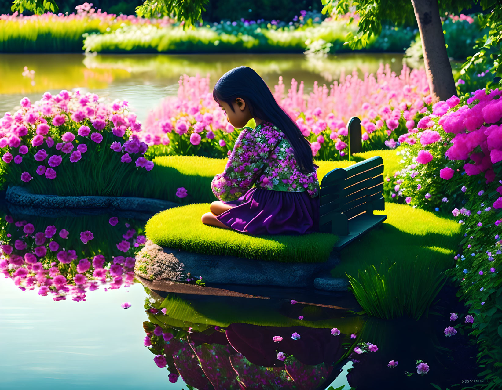 Girl in Purple Dress Sitting on Green Bench in Lush Garden