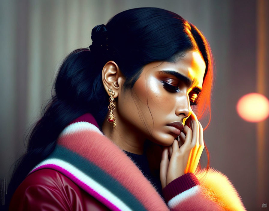 Contemplative woman with striking makeup and elegant earrings in pink and white striped coat gazes downward in