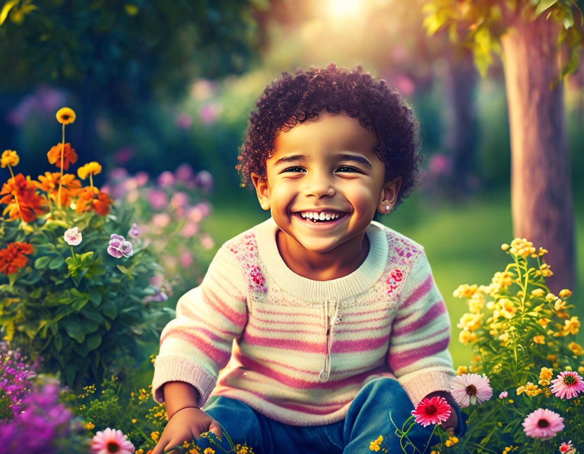 Curly-Haired Child Smiling in Colorful Garden